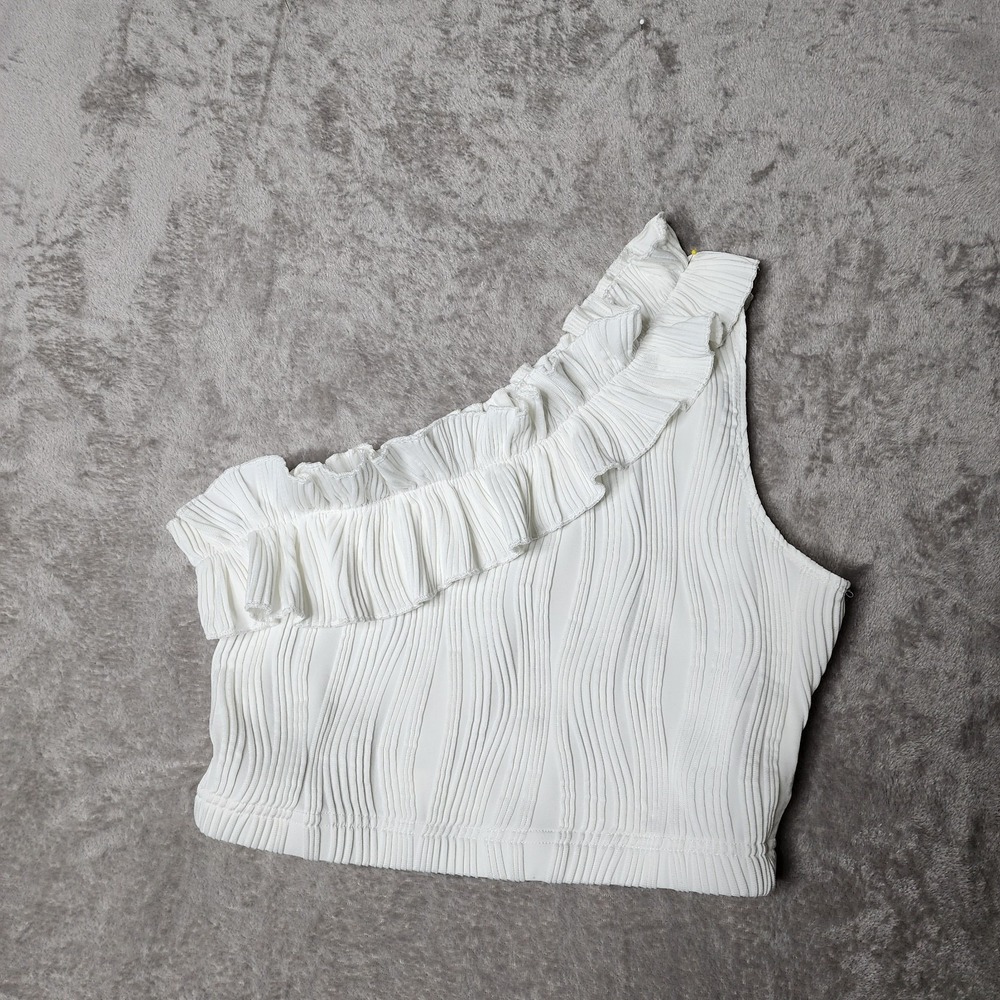 One Shoulder Ruffle Textured Tank Size Medium Preppy Vacation - Picture 2 of 6